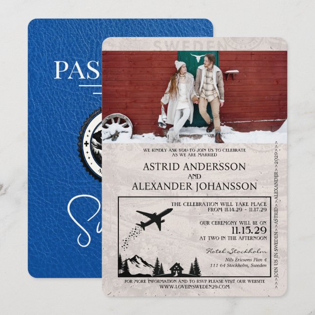Convite para Casamento de Passaporte de Suecia Azu (Frente/Verso)
