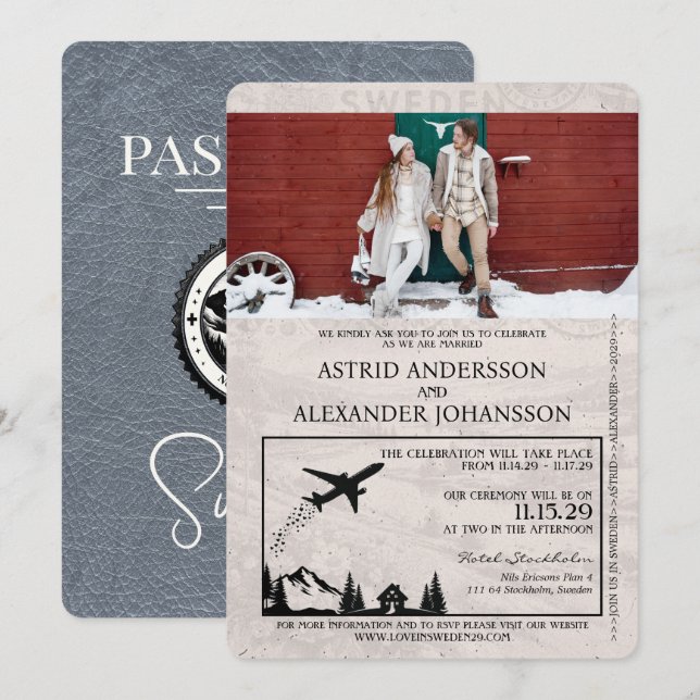 Convite para Casamento de Passaporte de Suecia Sil (Frente/Verso)