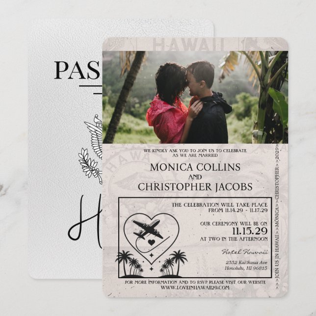Convite para Casamento de Passaporte do Havaí Bran (Frente/Verso)