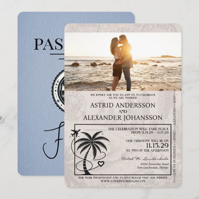 Convite para Casamento de Passaporte Dusty Blue Fl (Frente/Verso)