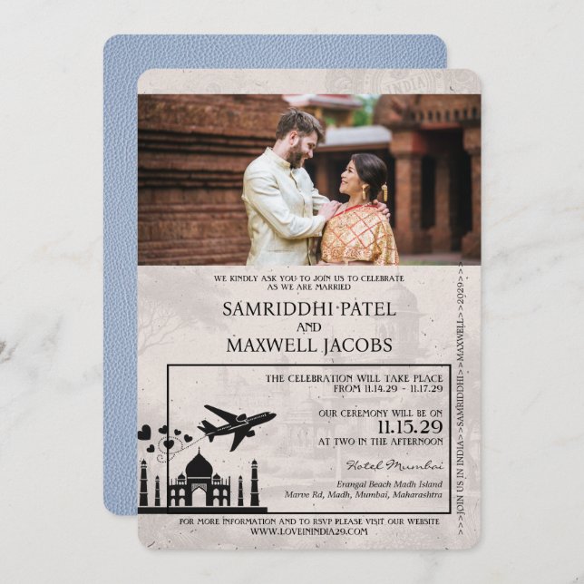 Convite para Casamento de Passaporte Dusty Blue In (Frente/Verso)