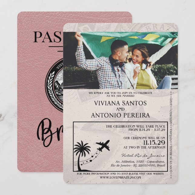 Convite para Casamento de Passaporte Dusty Rosa Br (Frente/Verso)