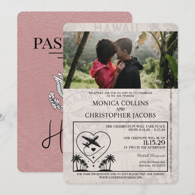 Convite para Casamento de Passaporte Dusty Rosa Ha (Frente/Verso)