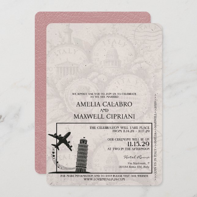 Convite para Casamento de Passaporte Dusty Rosa It (Frente/Verso)