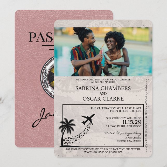 Convite para Casamento de Passaporte Dusty Rosa Ja (Frente/Verso)
