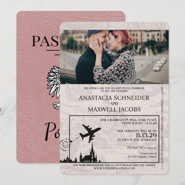 Convite para Casamento de Passaporte Dusty Rosa Pa (Frente/Verso)