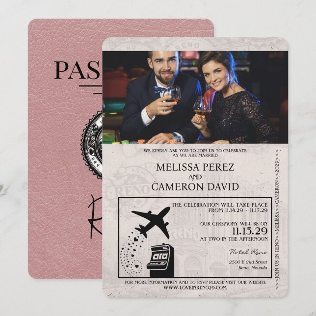 Convite para Casamento de Passaporte Dusty Rosa Re (Frente/Verso)