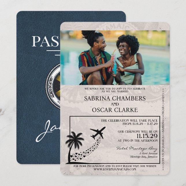 Convite para casamento de passaporte marinho Blue  (Frente/Verso)