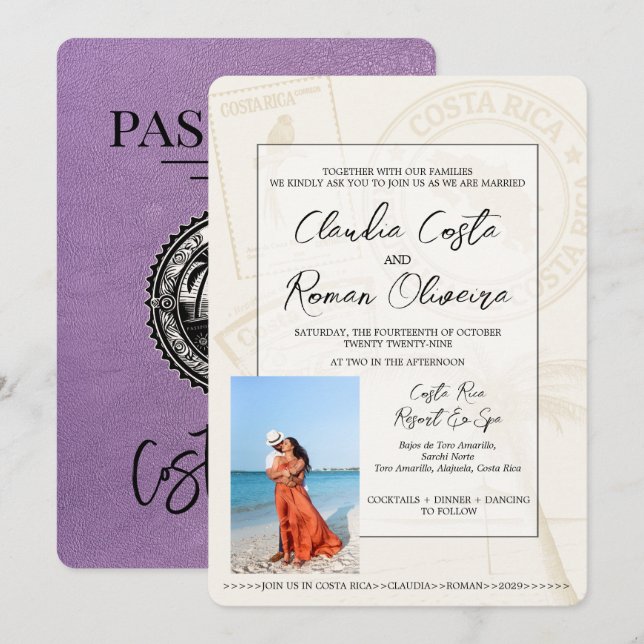 Convite para Casamento de Passaporte na Costa Rica (Frente/Verso)