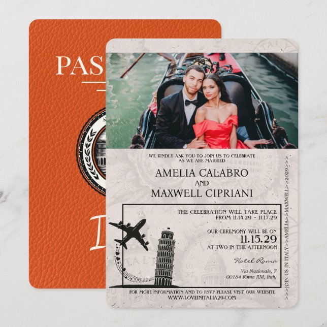 Convite para Casamento de Passaporte Orange Itália (Frente/Verso)