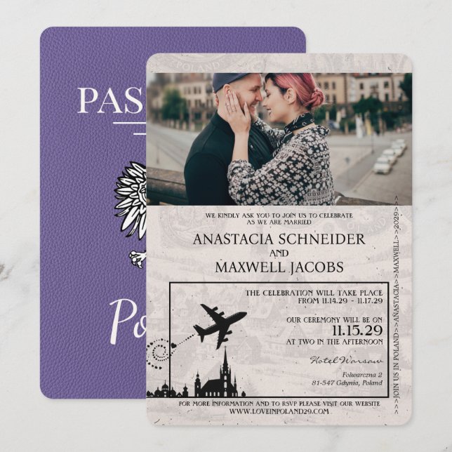 Convite para Casamento de Passaporte Polônia de Li (Frente/Verso)
