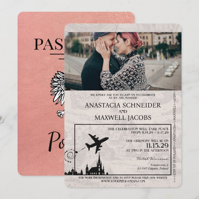 Convite para Casamento de Passaporte Polônia de ro (Frente/Verso)