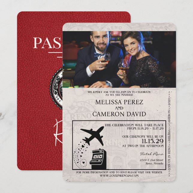 Convite para Casamento de Passaporte Red Reno (Frente/Verso)
