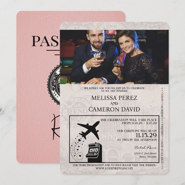 Convite para Casamento de Passaporte Rosa Reno (Frente/Verso)