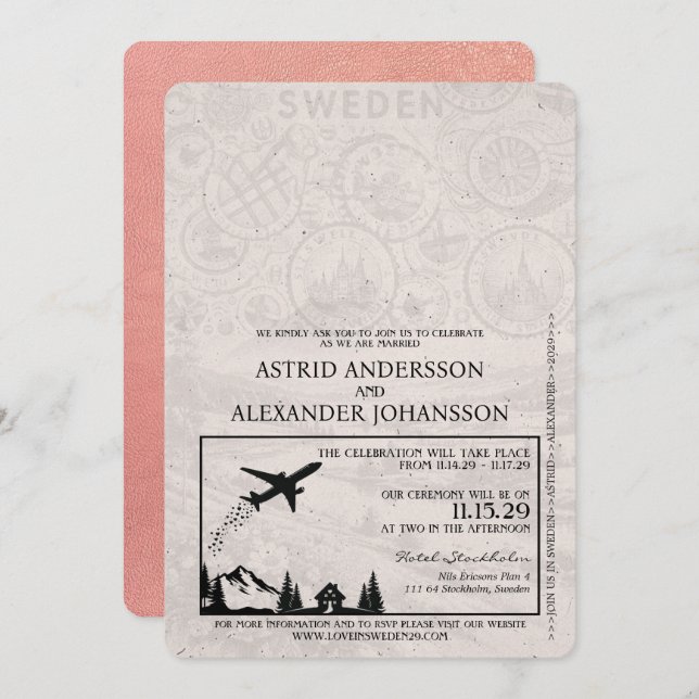 Convite para Casamento de Passaporte Suecia Dourad (Frente/Verso)