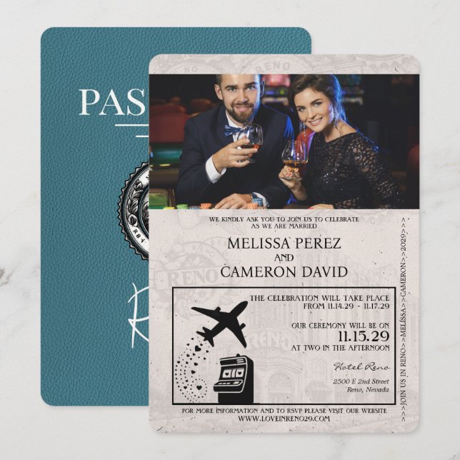 Convite para Casamento de Passaporte Teal Reno (Frente/Verso)
