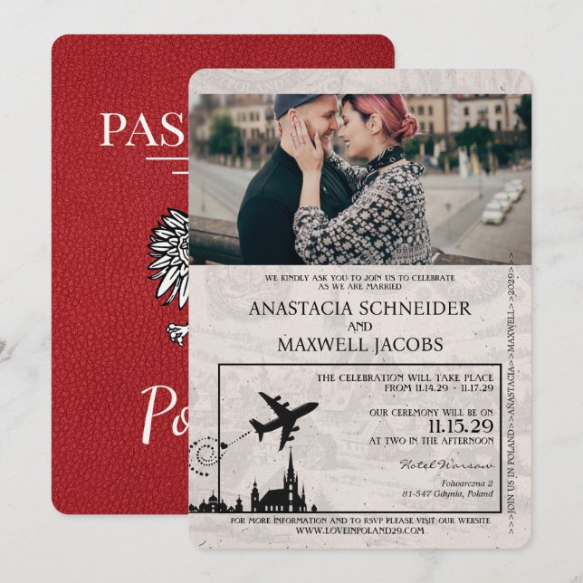 Convite para Casamento de Passaporte Vermelho Polô (Frente/Verso)