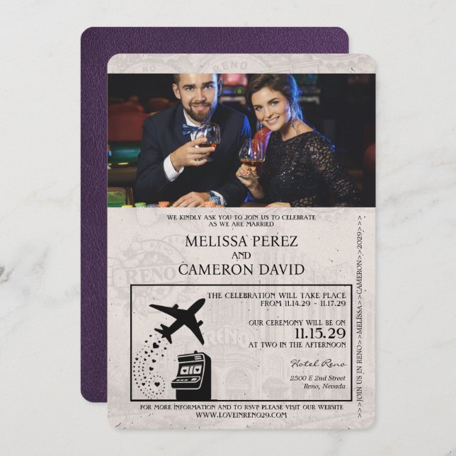 Convite para Casamento de Passaporte Violet Purple (Frente/Verso)