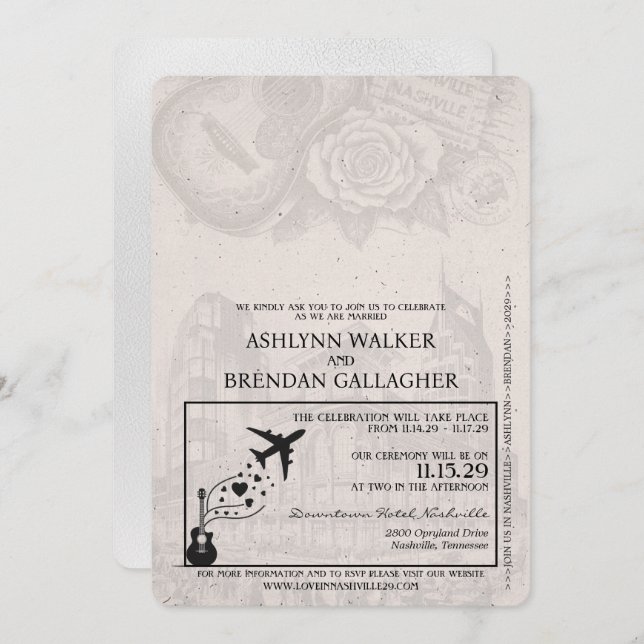 Convite para Casamento de Passaporte White Nashvil (Frente/Verso)
