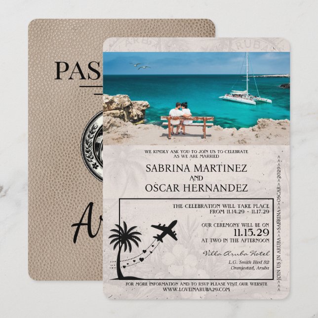 Convite Para Casamento De Passaportes Beige Aruba (Frente/Verso)