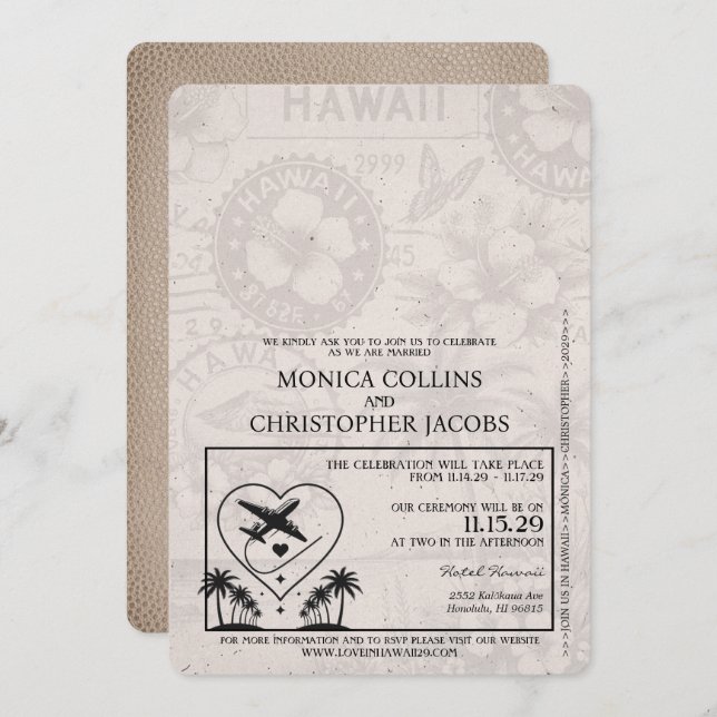 Convite para Casamento de Passaportes Beige Hawaii (Frente/Verso)
