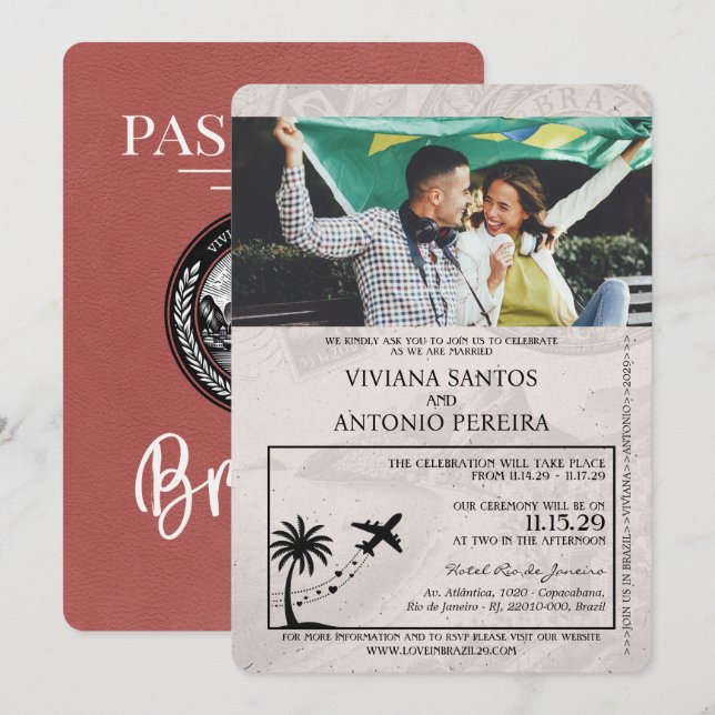 Convite Para Casamento De Passaportes Brasil Para  (Frente/Verso)