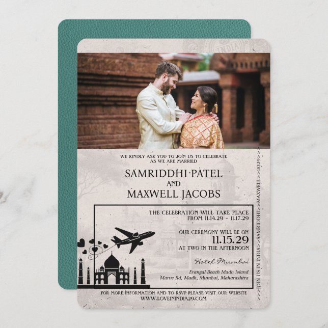 Convite para Casamento de Passaportes da Índia Tur (Frente/Verso)
