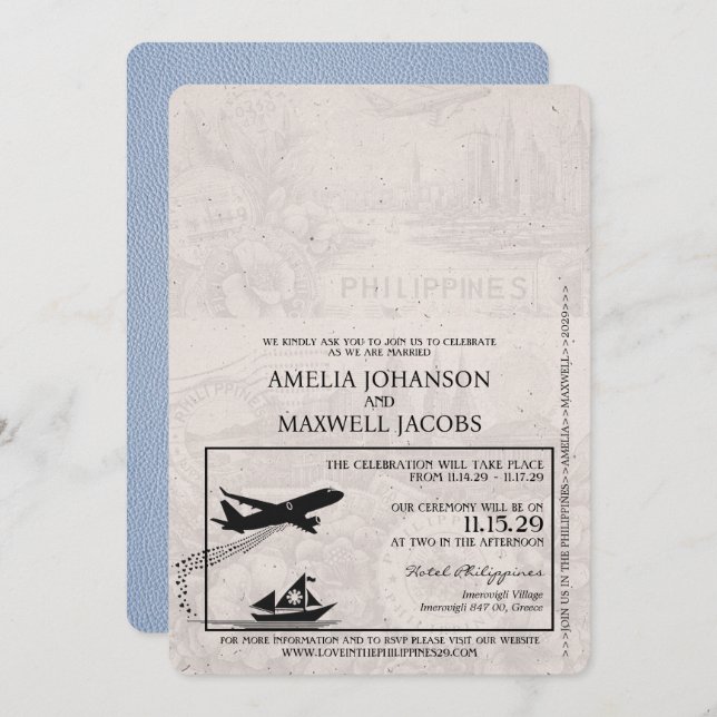 Convite para Casamento de Passaportes Dusty Blue F (Frente/Verso)