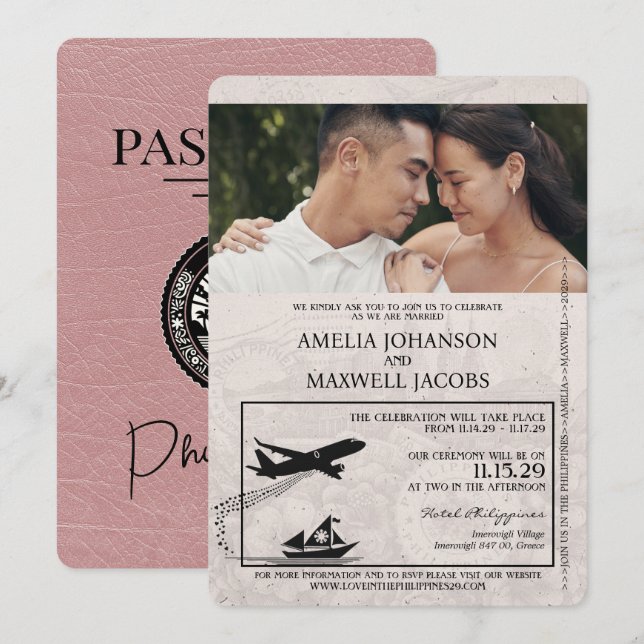 Convite para Casamento de Passaportes Dusty Rosa F (Frente/Verso)
