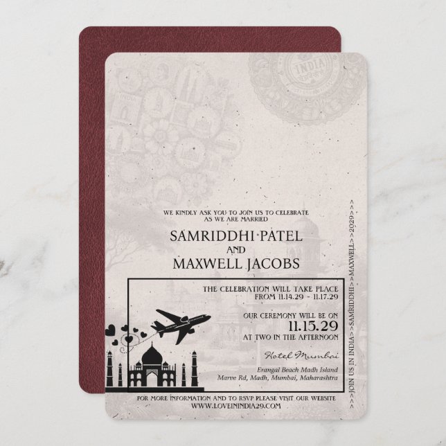 Convite para Casamento de Passaportes Índia Burgun (Frente/Verso)