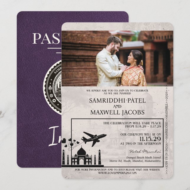 Convite para Casamento de Passaportes Índia Violet (Frente/Verso)