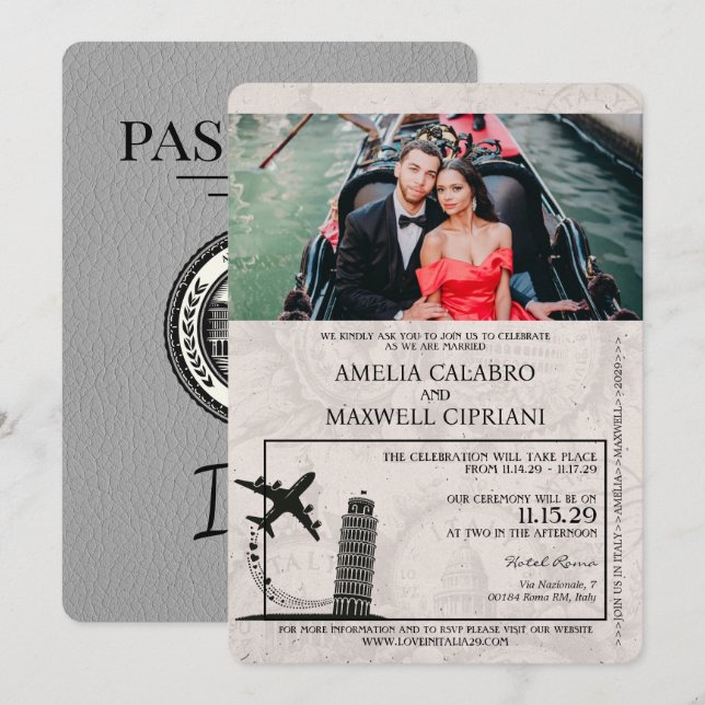 Convite para Casamento de Passaportes Itália cinza (Frente/Verso)