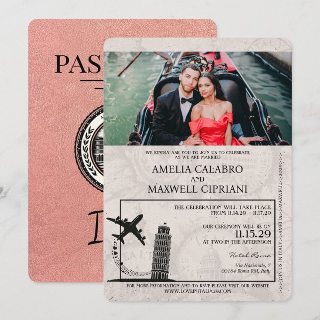 Convite para Casamento de Passaportes Itália rosa  (Frente/Verso)