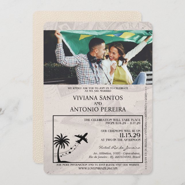Convite Para Casamento De Passaportes Ivory Brasil (Frente/Verso)