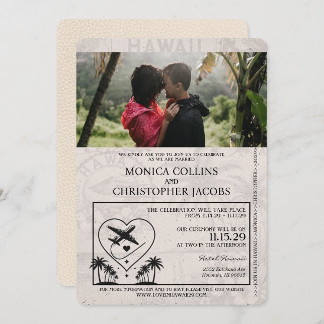 Convite para Casamento de Passaportes Ivory Hawaii (Frente/Verso)