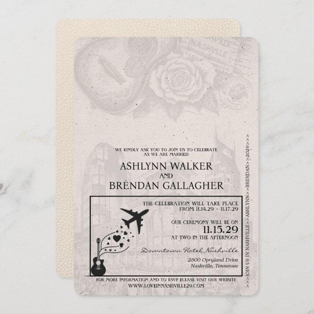 Convite para Casamento de Passaportes Ivory Nashvi (Frente/Verso)