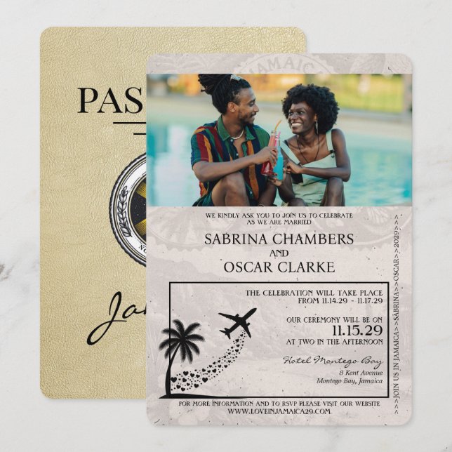 Convite para Casamento de Passaportes Jamaica Cham (Frente/Verso)