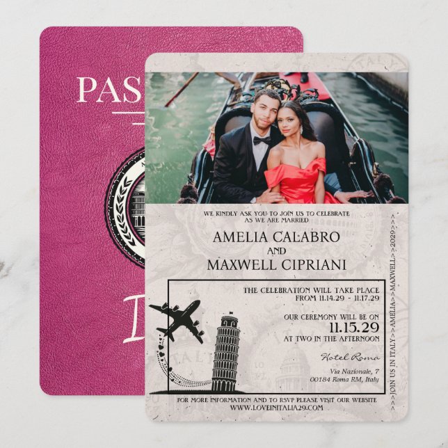 Convite para Casamento de Passaportes Magenta Itál (Frente/Verso)