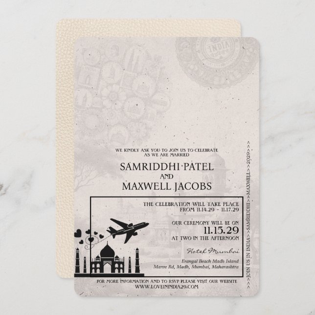 Convite para Casamento de Passaportes na Índia de  (Frente/Verso)