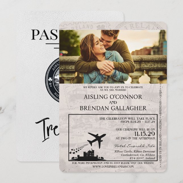 Convite para Casamento de Passaportes na Irlanda B (Frente/Verso)