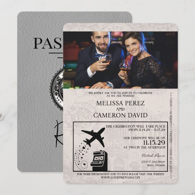 Convite para Casamento de Passaportes Reno cinza (Frente/Verso)