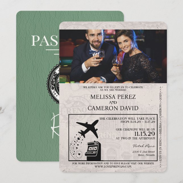 Convite para Casamento de Passaportes Sage Green R (Frente/Verso)