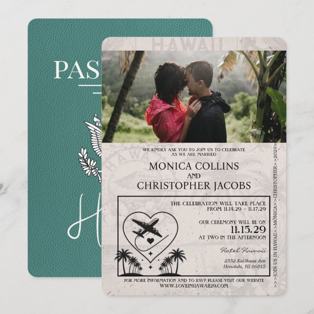 Convite para Casamento de Passaportes Turquoise Ha (Frente/Verso)