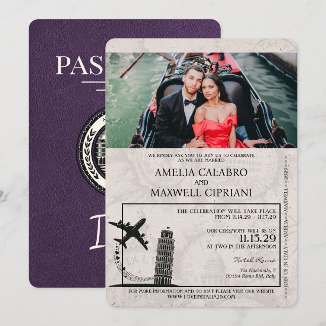 Convite para Casamento de Passaportes Violet Itáli (Frente/Verso)