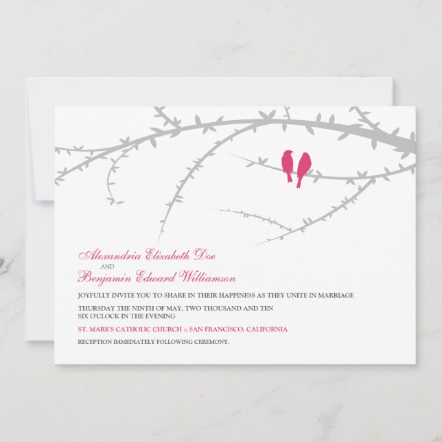 Convite para Casamento de Pássaros de Amor (fúcsia (Frente)