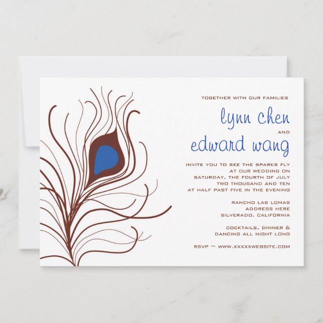 Convite para Casamento de Pavock Feather - azul co (Frente)