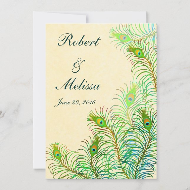 Convite para Casamento de Penas de Pavões Indianos (Frente)