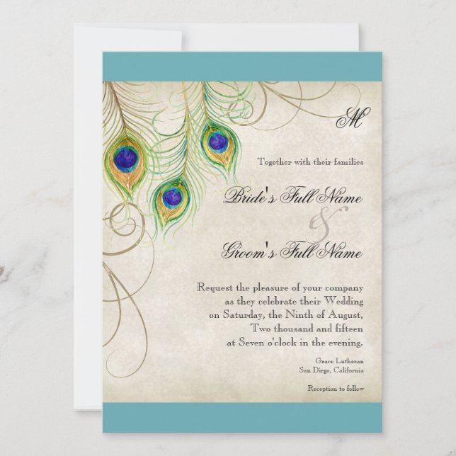 Convite para Casamento de Penas de Peacock (Frente)