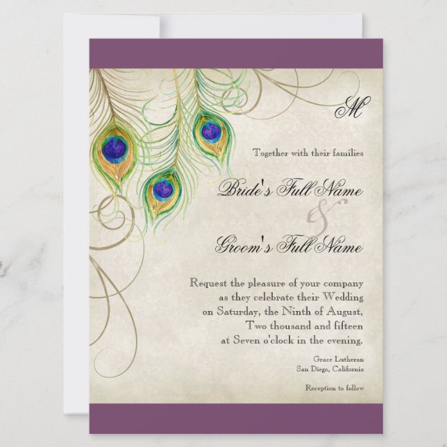 Convite para Casamento de Penas de Peacock (Frente)
