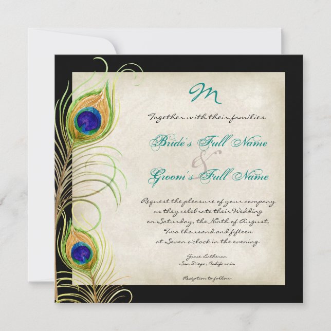 Convite para Casamento de Penas de Peacock (Frente)